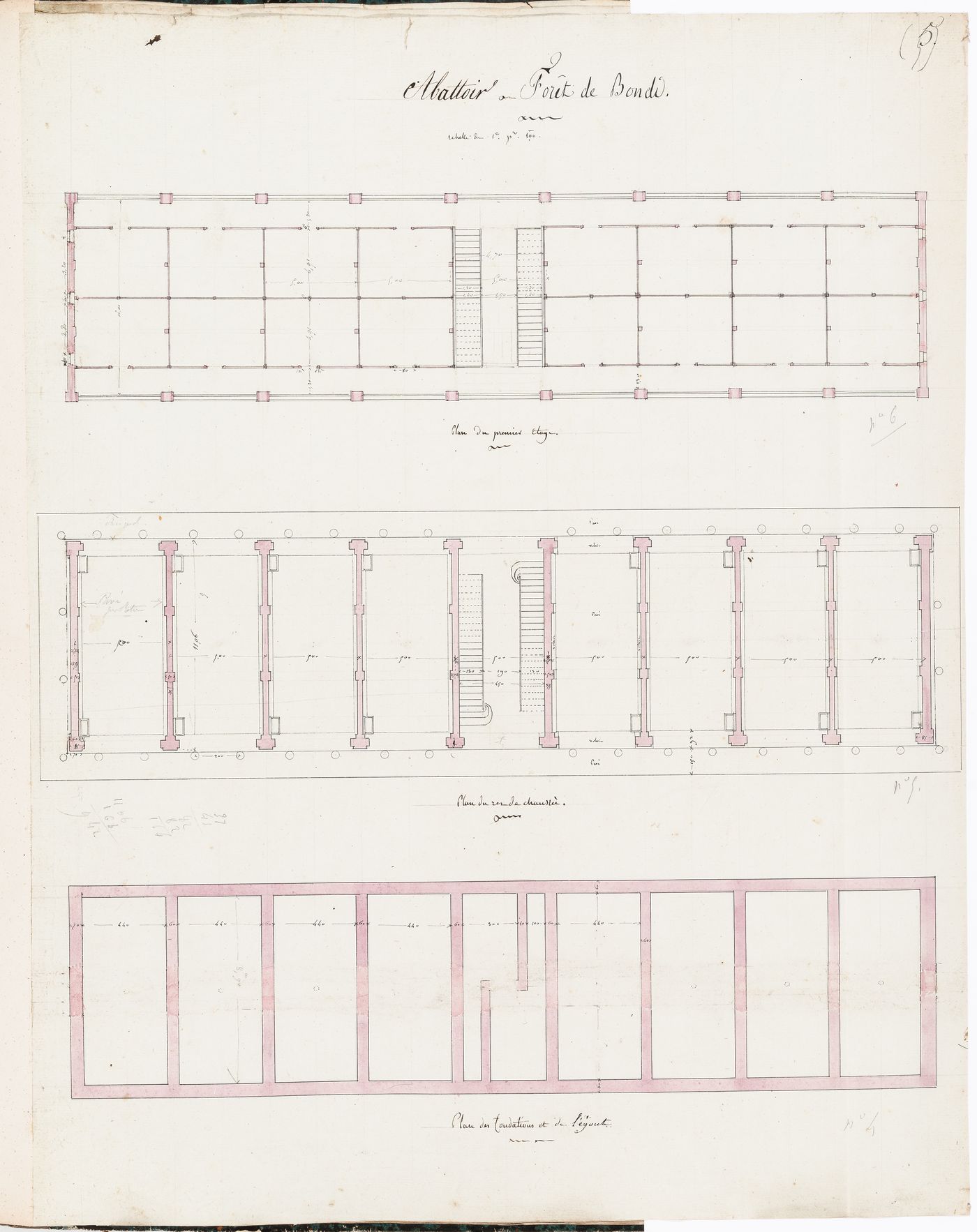 Project for Clos d'équarrissage, fôret de Bondy: Plans for the foundation, ground, and first floors, and sewer system for the slaughterhouse