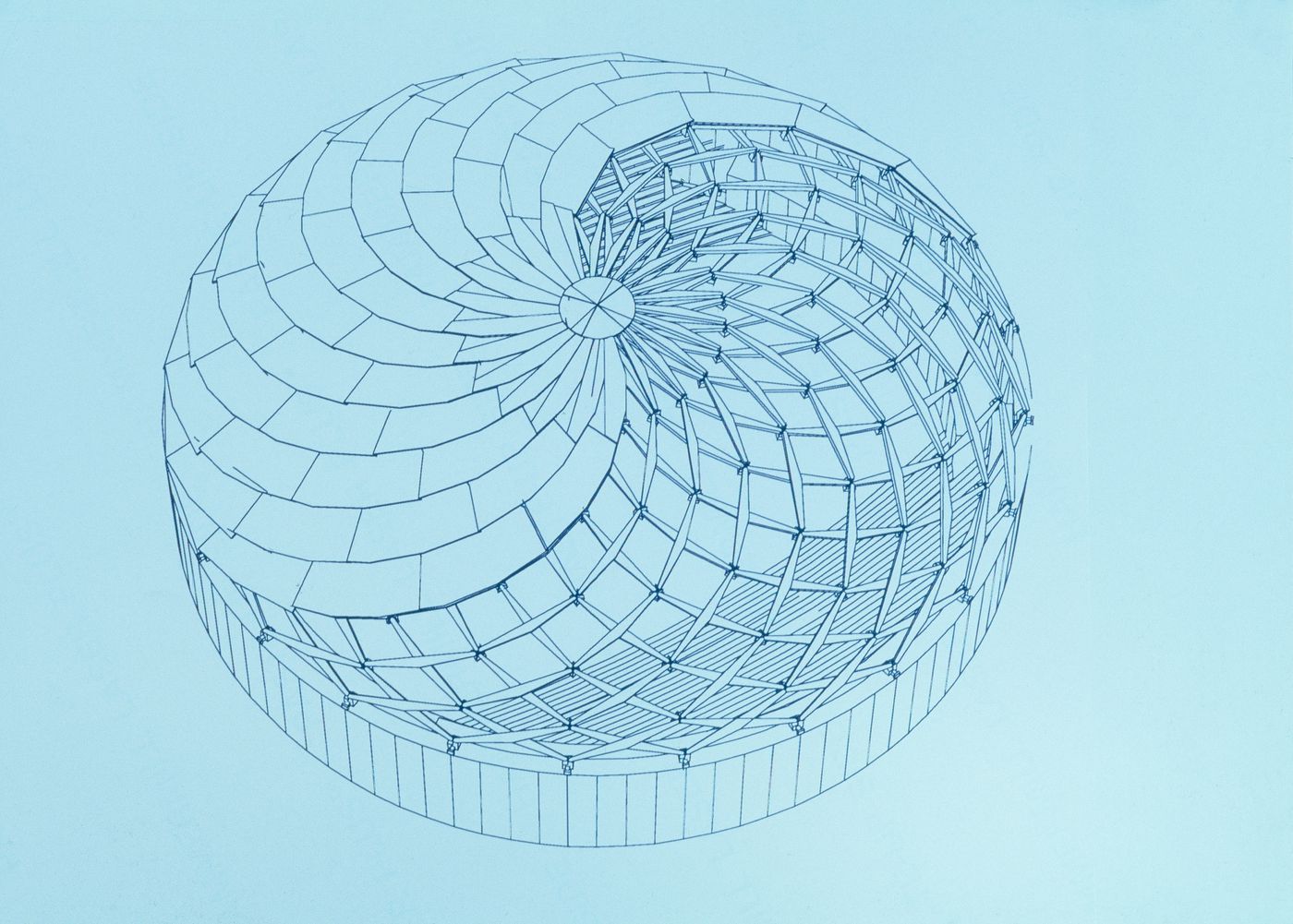 Cutaway of an iris-type retractable roof, fully closed.