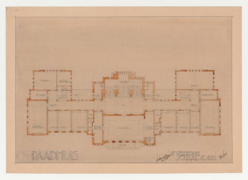 Student presentation drawing showing the first floor plan for a town hall, Technische Hogeschool Delft, Netherlands