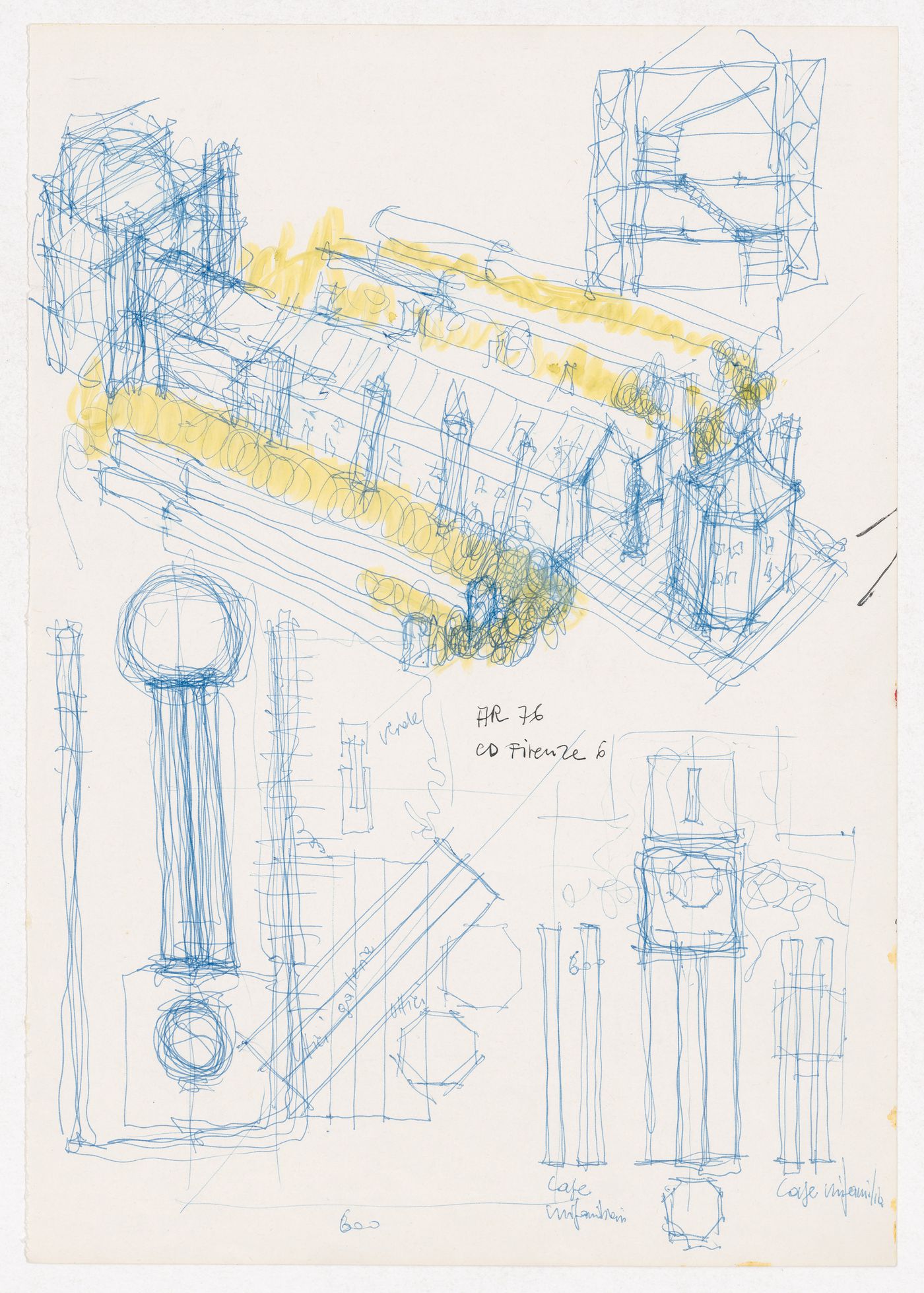 Sketch plans, sketch sections and perspective sketch for Centro Direzionale, Florence