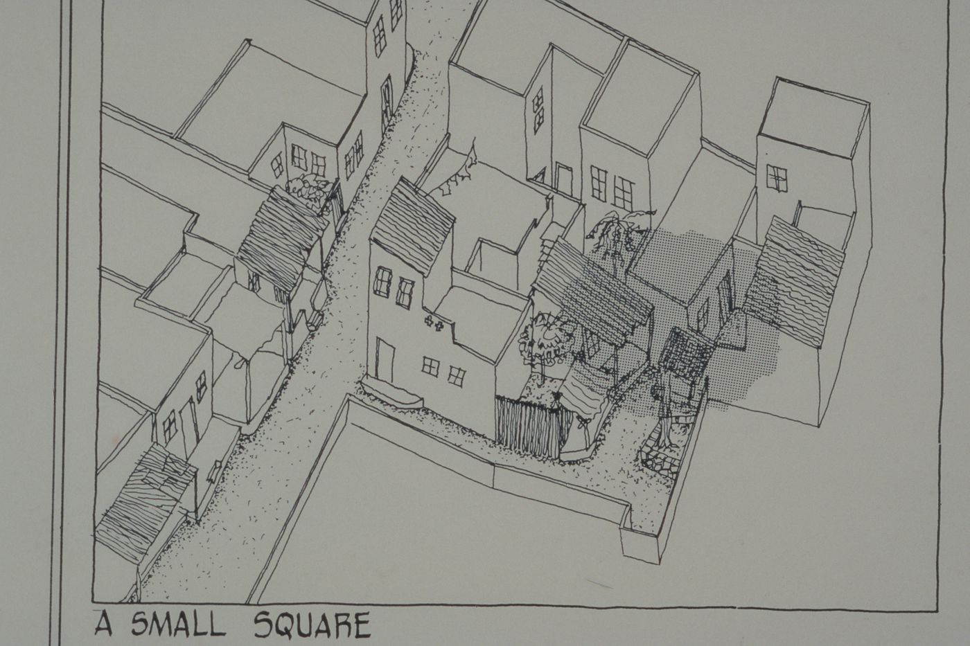 Axonometric view of small town square for the Aranya Housing Project, Indore, India