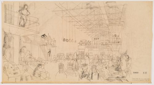 Sketched interior perspective of Donmar Theatre, London