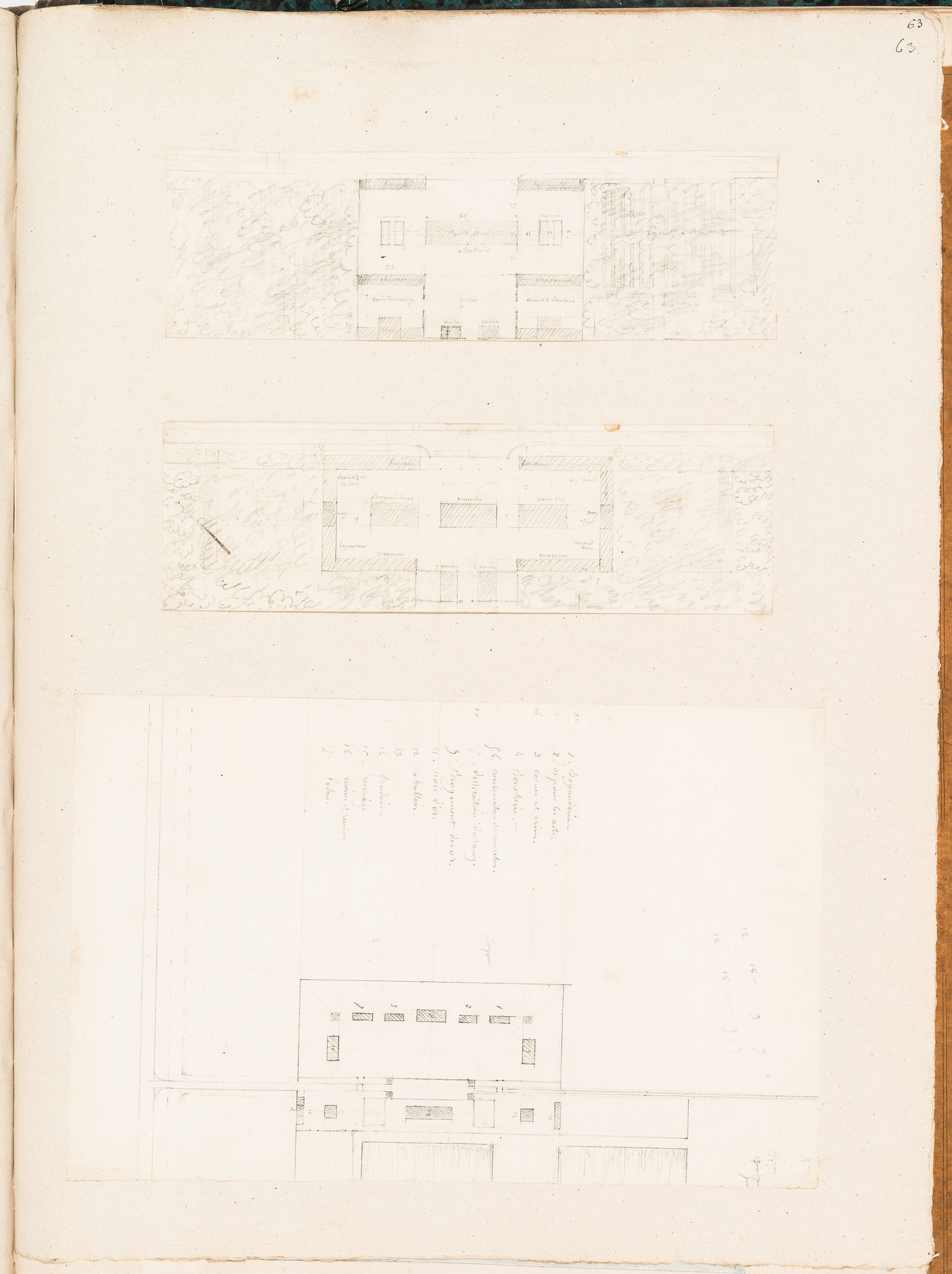 Project for Clos d'équarrissage, fôret de Bondy: Partial block plan with a numbered key identifying some of the buildings