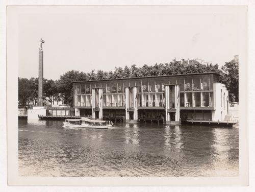 View of the Pavillon de la Sécurité with the Seine in the foreground, 1937 Exposition internationale, Paris, France