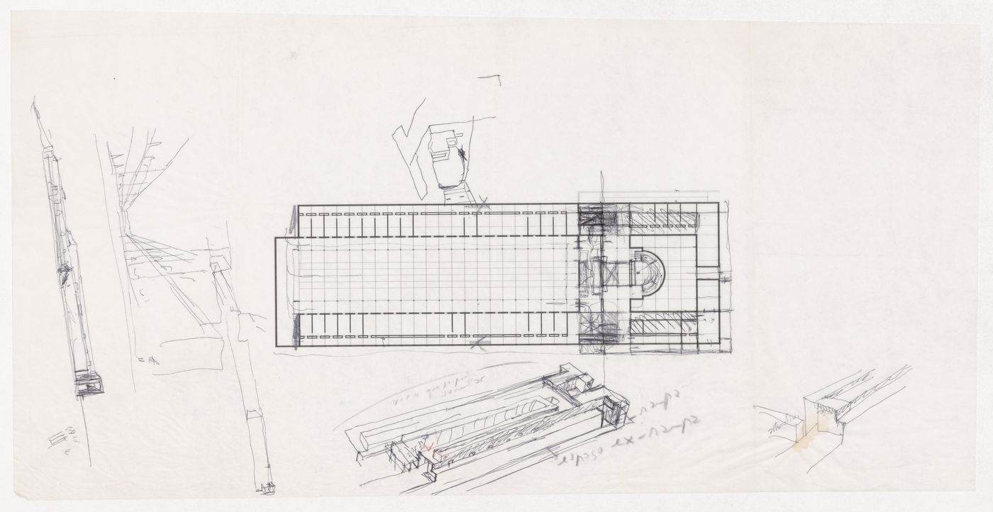 Plan, sketch perspective, and axonometric view for Reitoria da Universidade de Alicante, Alicante, Spain