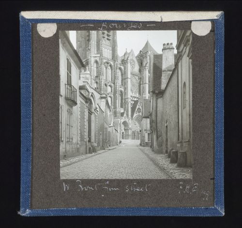 View of west façade of Cathédrale Saint-Etienne de Bourges from street, Bourges, France