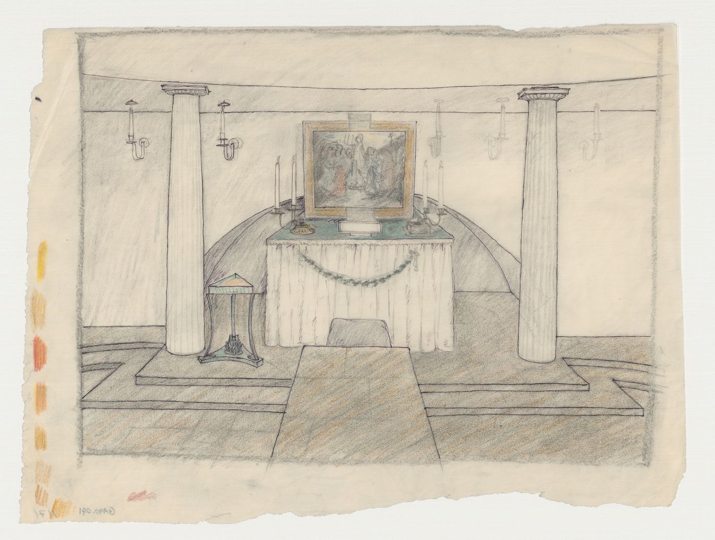Interior perspective for Woodland Chapel showing the altar and catafalque, Woodland Cemetery, Stockholm, Sweden