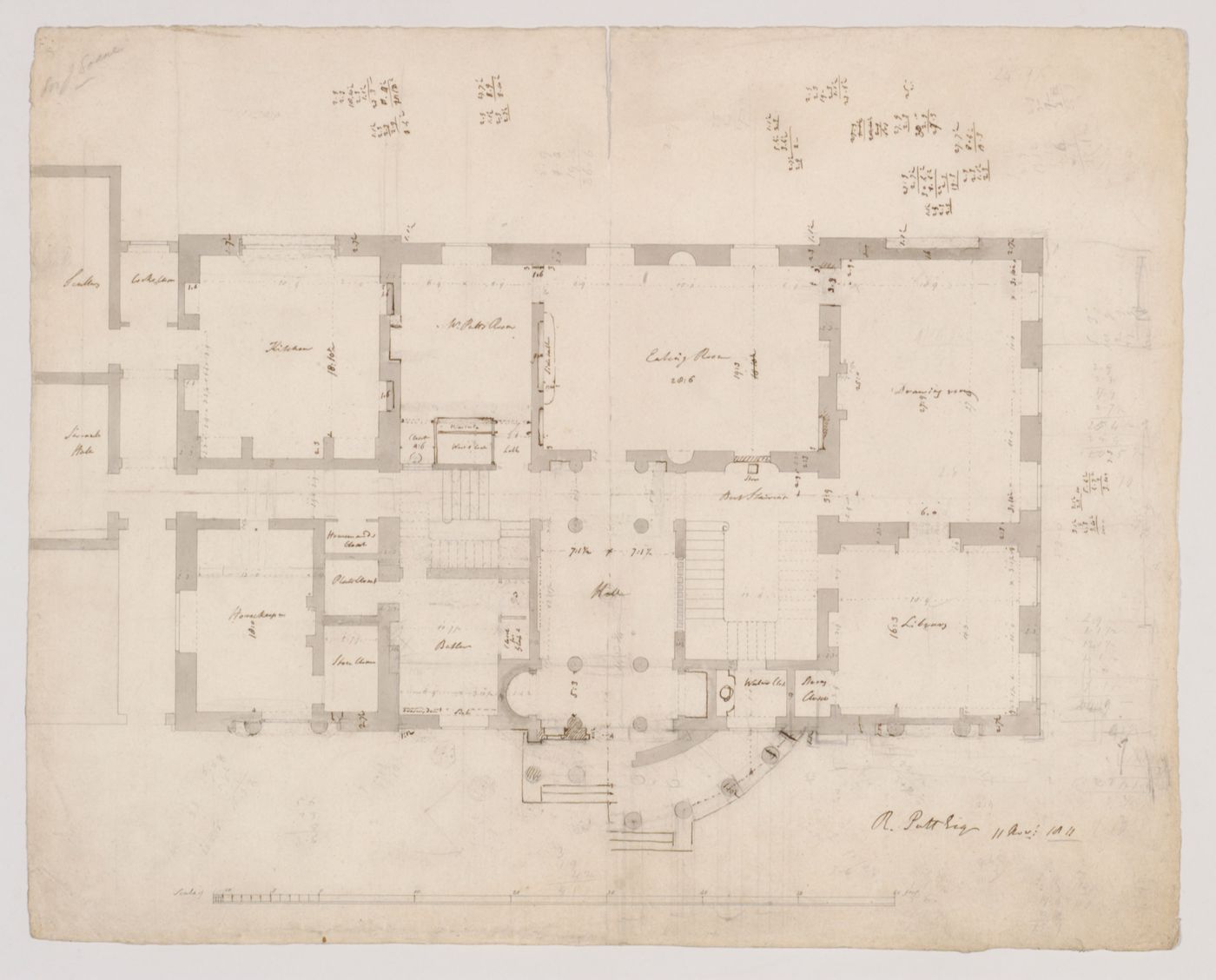 Design for Combe House, Devonshire: plan showing two versions of the entrance portico; verso: sketch for the elevation of a country house with a semi-circular portico