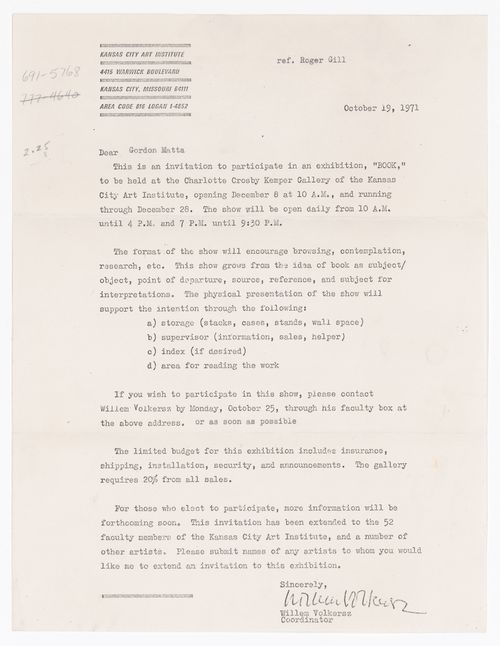 Letter from Willem Volkersz to Gordon Matta-Clark
