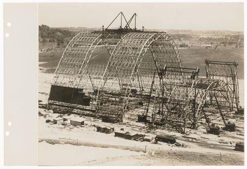 View of construction of the metal frame of the Goodyear-Zeppelin airship factory and dock in Akron, Ohio, United States