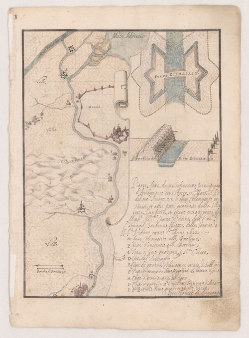 Map of the Po River showing the towns of Mesola and Ariano, with a plan and cutaway sketch of the Forte Ecclesiastico; verso: Map of the navigable waterways around Ferrara
