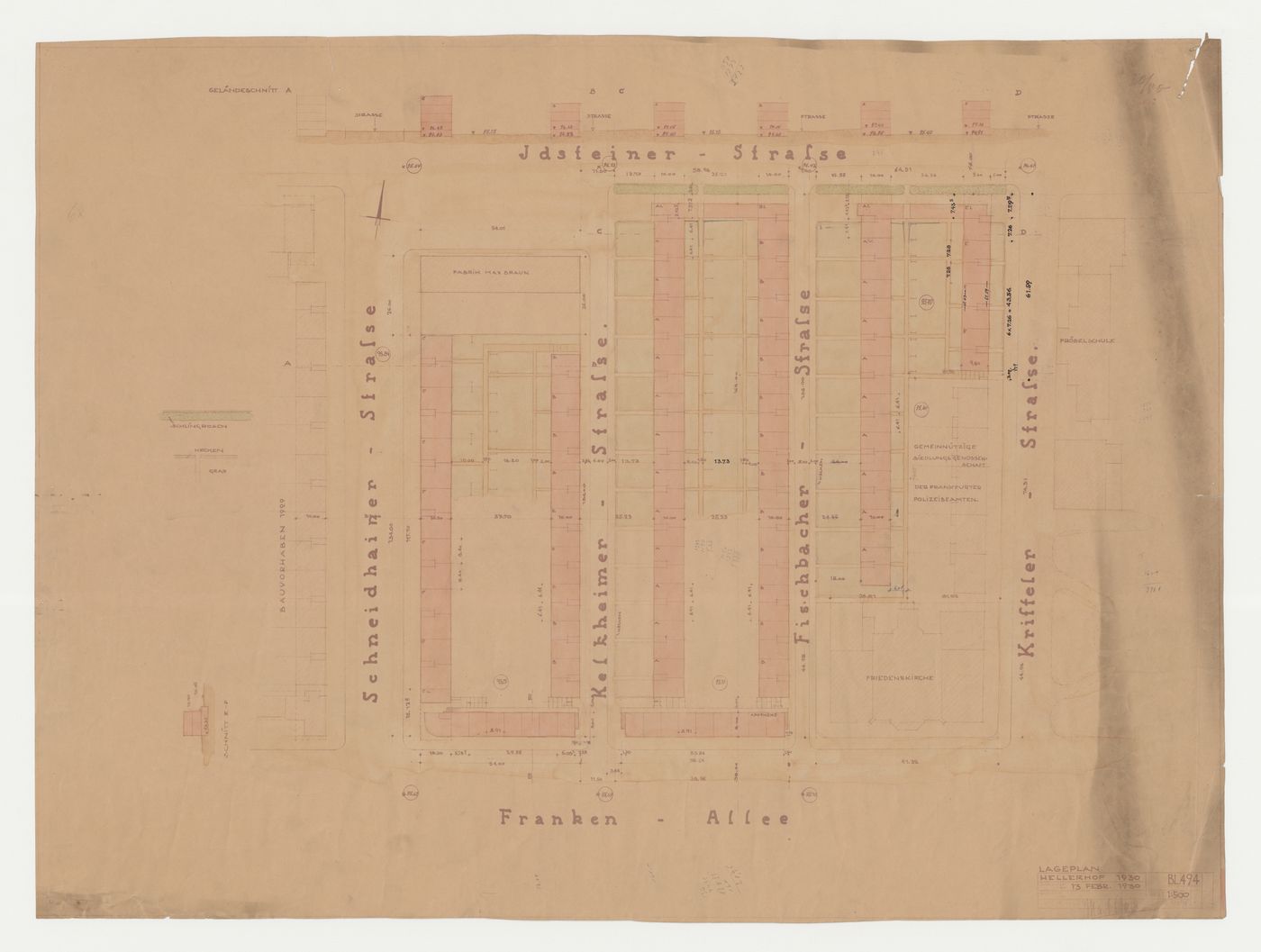 Site plan and elevations for Hellerhof Housing Estate, Frankfurt am Main, Germany