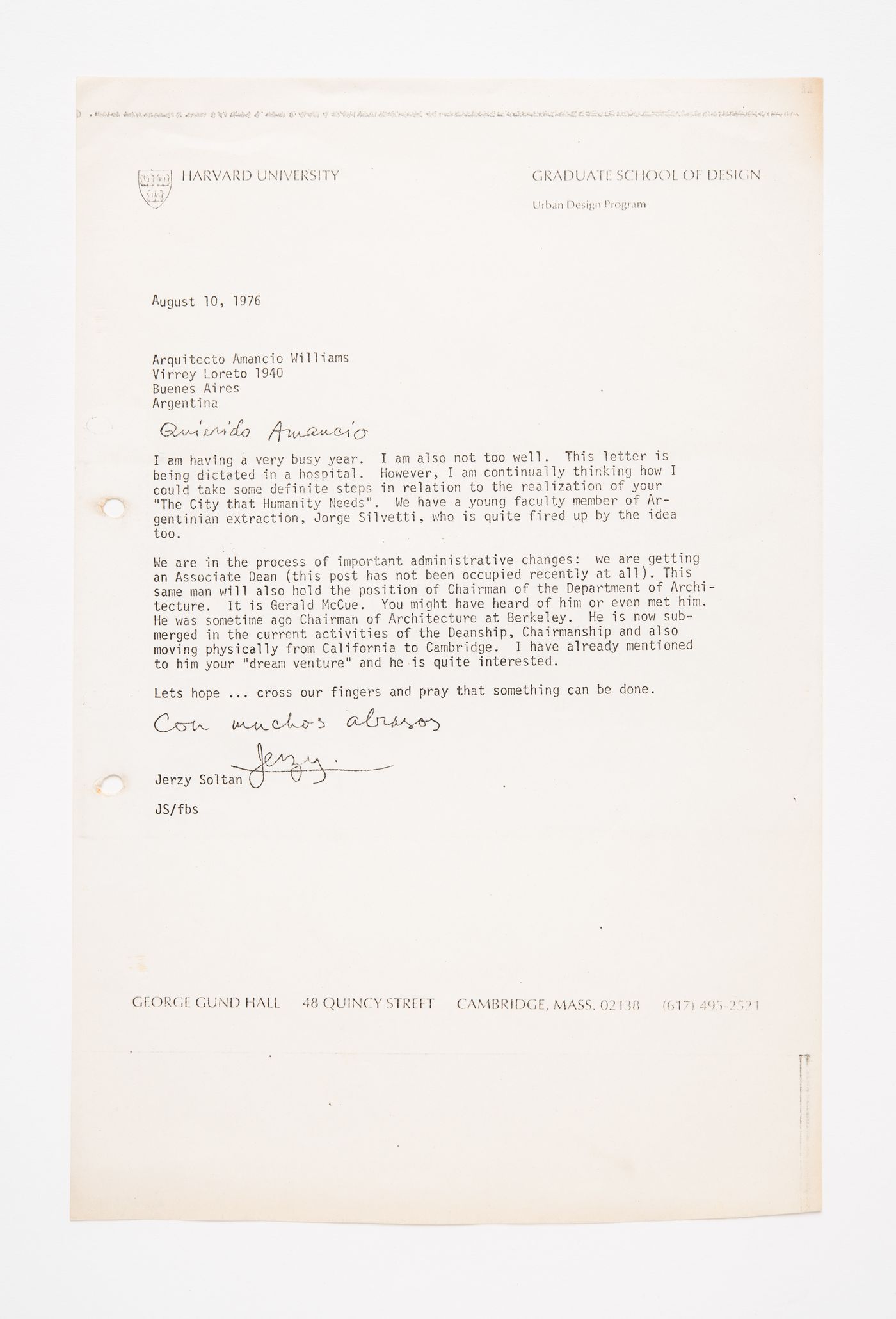 Correspondence, letter to Amancio Williams from Jerzy Soltan
