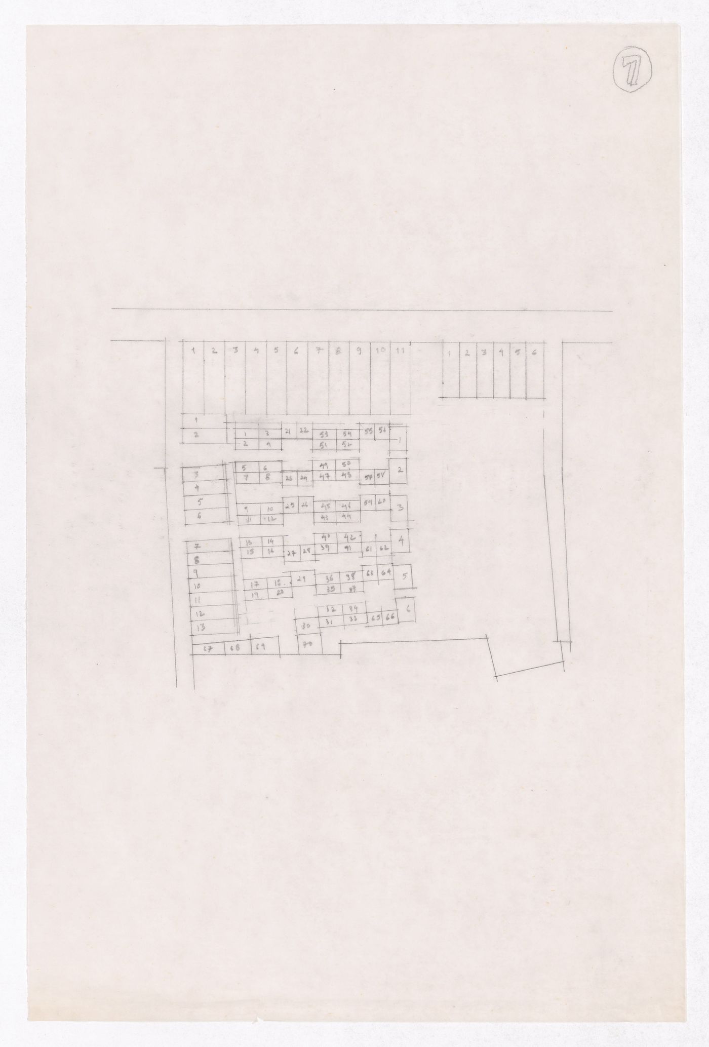 Sketch showing plots layout development for Minimum Cost Housing Group's plot in Aranya township, India, for Aranya Housing Project