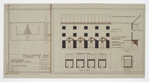 Elevation, plan, and sections of family chapels, Nuovo cimitero San Cataldo, Modena, Italy