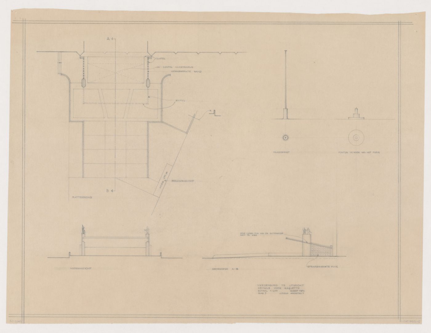 Plans, elevations, and section for a model for Vredenburg mixed-use development, Utrecht, Netherlands