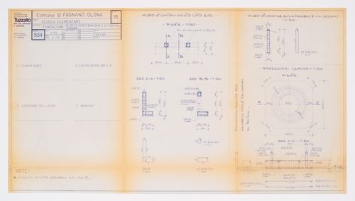 Details of foundations: containment and boundary walls for the chimney (Fondazioni: muri di contenimento e di confine, camino), Scuola elementare a Fagnano Olona, Italy