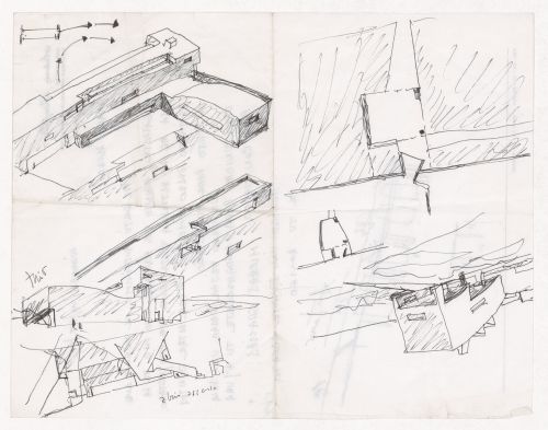 Sketch axonometric views for Faculdade de Ciências da Informação, Santiago de Compostela, Spain; verso: Letter from Antonio Rampulla with sketch for Faculdade de Ciências da Informação, Santiago de Compostela, Spain