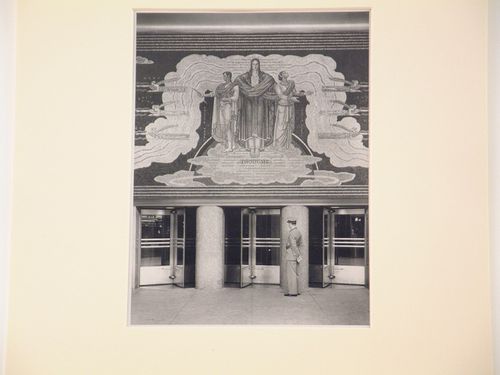 View of exterior of Rockefeller Center, doorway with mosaic "Thought" above, Manhattan, New York City, New York
