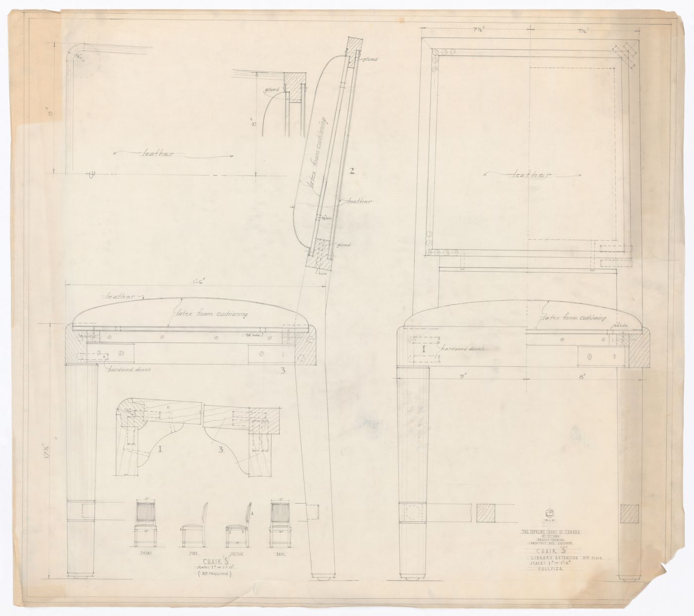 Élévations et coupes de la chaise "S" pour Cour suprême du Canada, Ottawa, Ontario