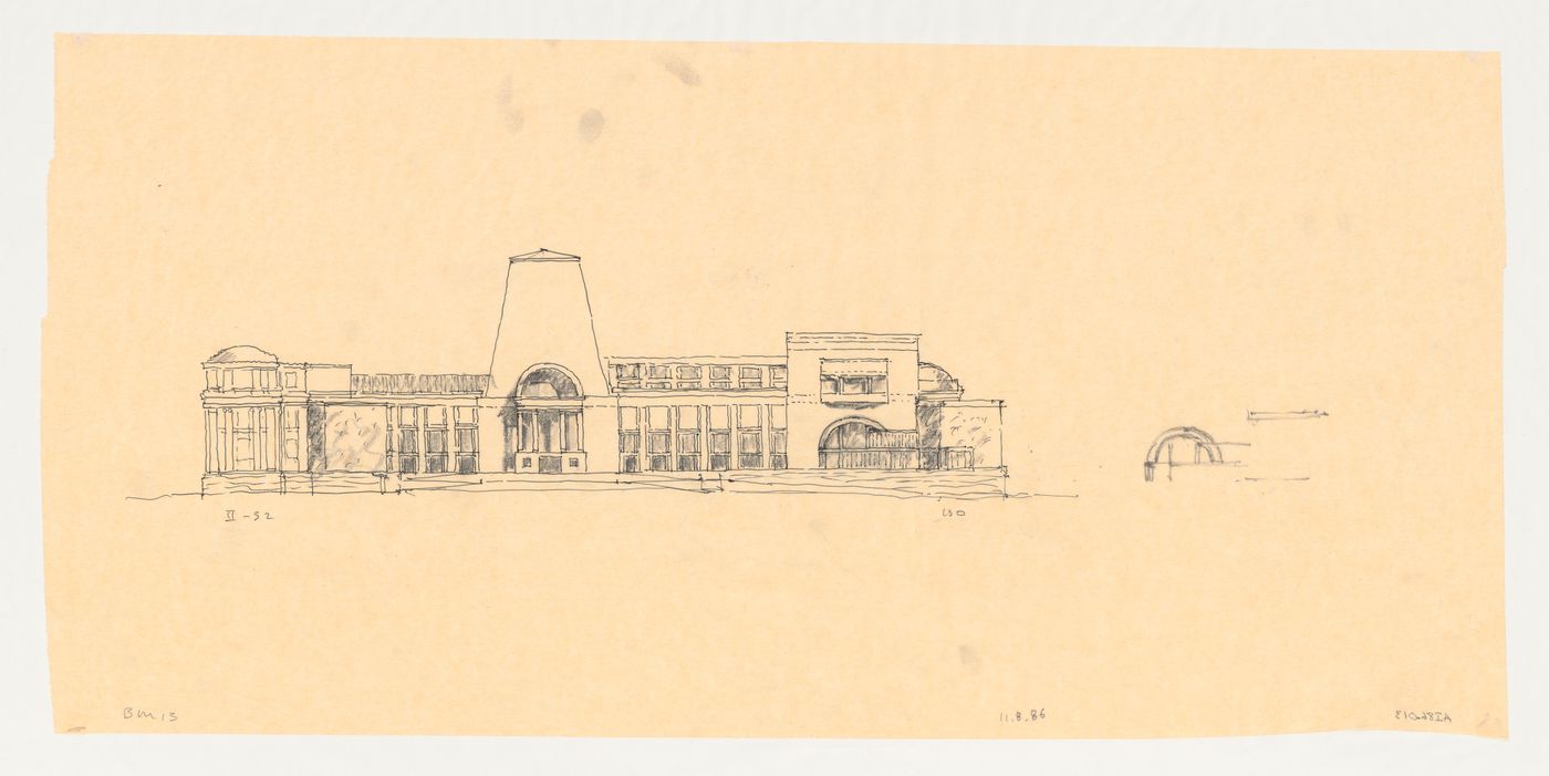 South elevation with detail sketch of a window for the Brooklyn Museum master plan, second phase