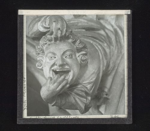 View of fanciful sculpture of man's head in Chapter House of York Minster, York, North Yorkshire, England