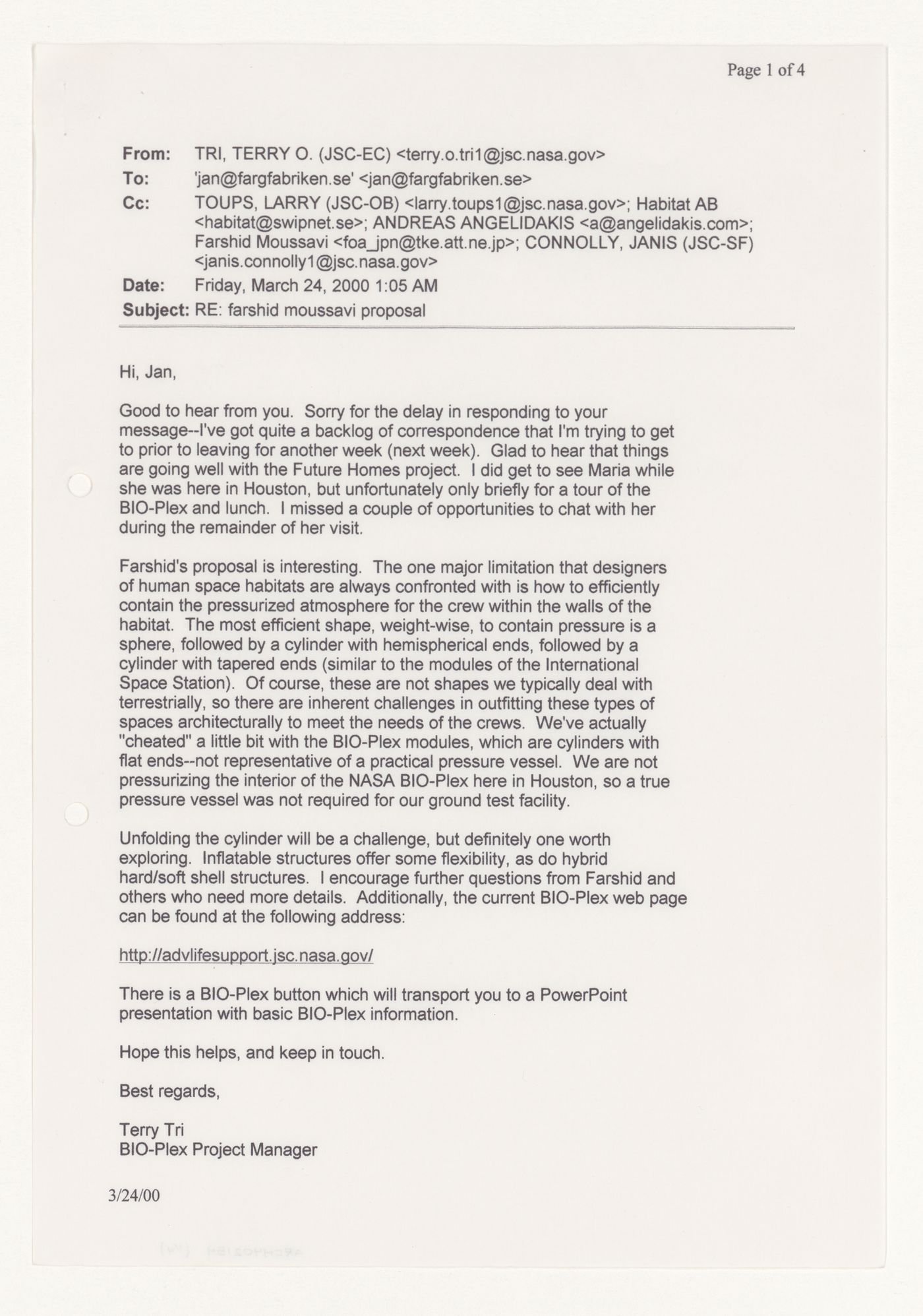 Correspondence between Jan Aman and Terri Tri for Future Homes, Malmö, Sweden