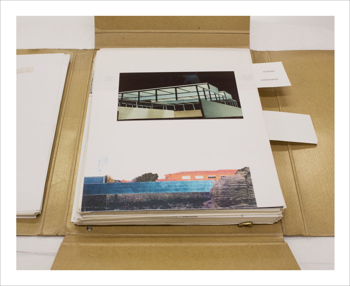 Proofs of Relevance: View of a photographic layout for a portfolio showing a model and a collage of the Madrigal de las Altas Sports Hall, Abalos & Herreros (1990-1991), Avila, Spain