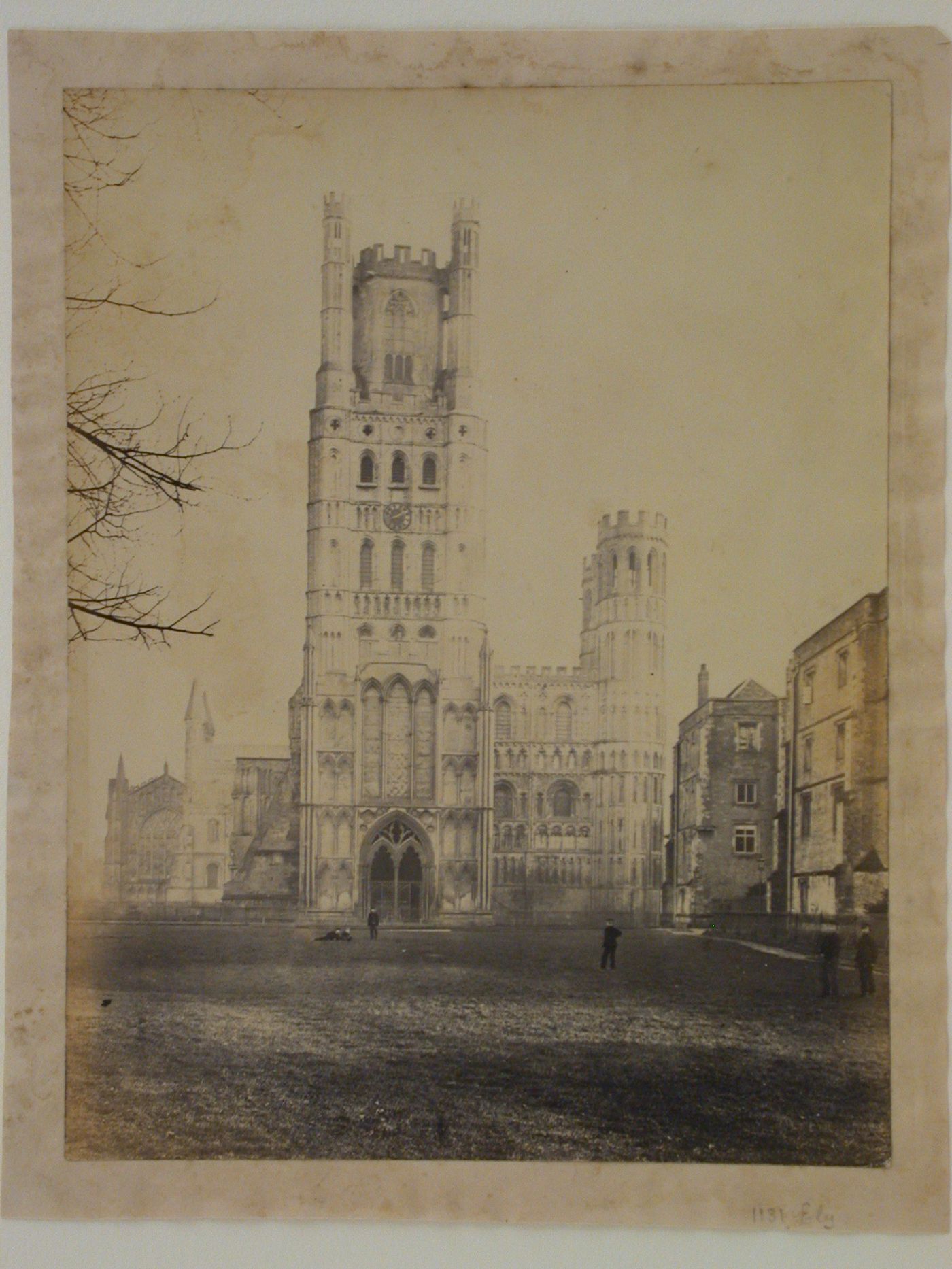 View across a field towards the west façade of Ely Cathedral, Ely, Cambridgeshire, England