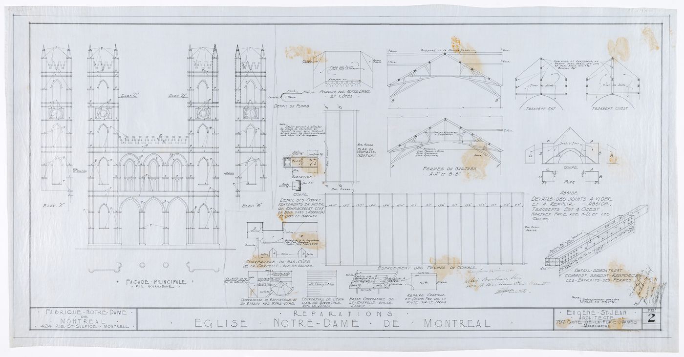 Elevations and partial plan for the principal façade and towers, and plans, sections and axonometrics for the roof structure, cladding and joint details for Notre-Dame de Montréal, apparently for the renovations of 1929-1949