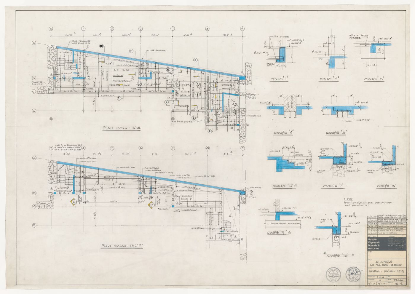 Plans and sections for construction details for the reconstruction of the Chapelle du Sacré-Coeur, Notre-Dame de Montréal