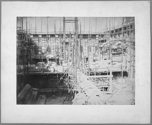 View of the Hôtel-Dieu hospital under construction on the parvis of Notre-Dame, Paris, France