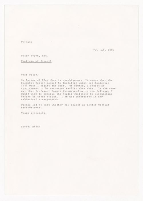 Correspondence from Lionel March to Peter Byrom regarding resignation from Royal College of Art, London