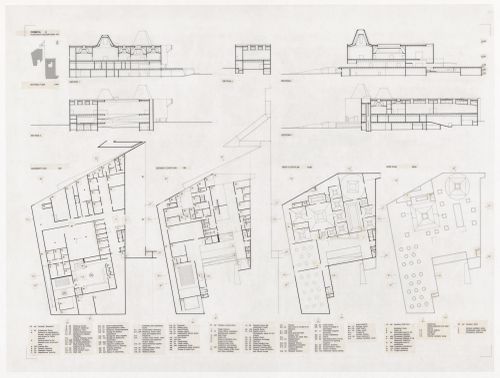 Floor plans and sections for Museu de Arte Contemporânea para Helsínquia, Helsinki, Finland