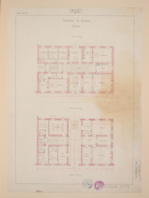 Student engineering drawing: First and second floor plans for a factory director's house