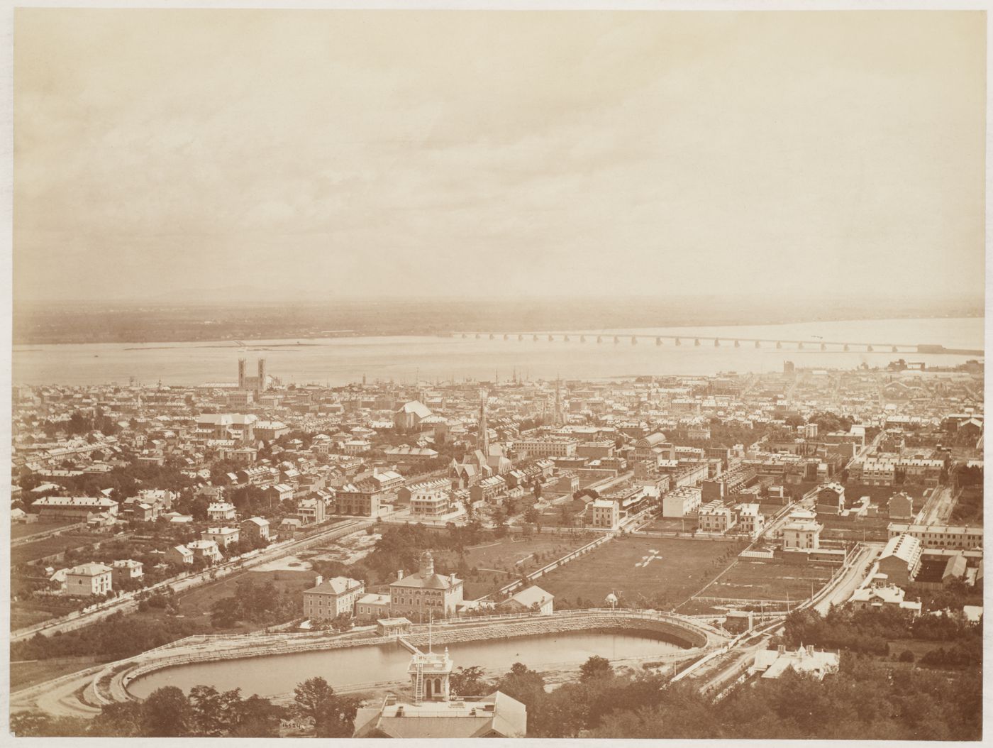 View of Montréal from Mount Royal with Victoria Bridge on the right, Canada (now Montréal, Québec, Canada)
