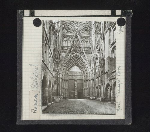View of porch of north transept of cathedral, Rouen, France