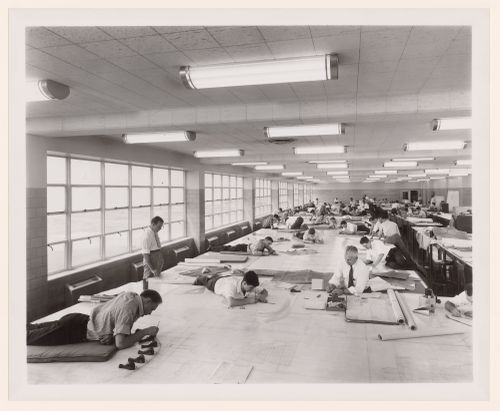 Interior view of the Engineering Room showing draughtsmen, Ford Motor Company Willow Run Bomber Assembly Plant, Willow Run, Michigan, United States