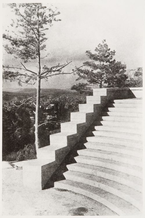 Partial exterior view of the stairs to the Ordzhonikidze Sanatorium for the People's Commissariat for Heavy Industry (Narkomtyazhprom), Kislovodsk, Soviet Union (now in Russia)
