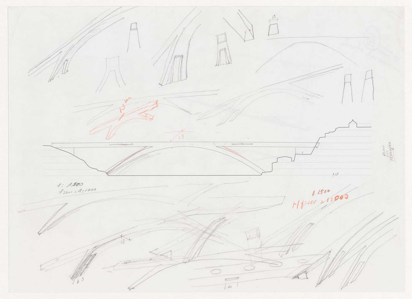 Elevation and sketches for Pólo III da Universidade do Porto e Nova ponte sobre o rio Douro [Bridge over the Douro river], Porto, Portugal; verso: Sketch