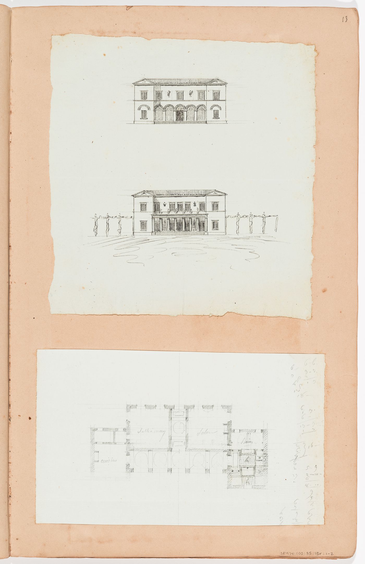 Elevations and ground floor plan for a country house; verso: Sketch plans for a country house(s)