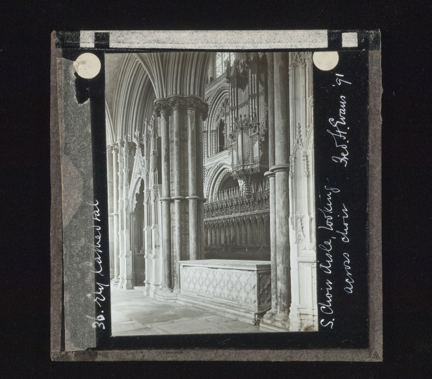 View across choir from south choir aisle of Ely Cathedral, Ely, Cambridgeshire, England