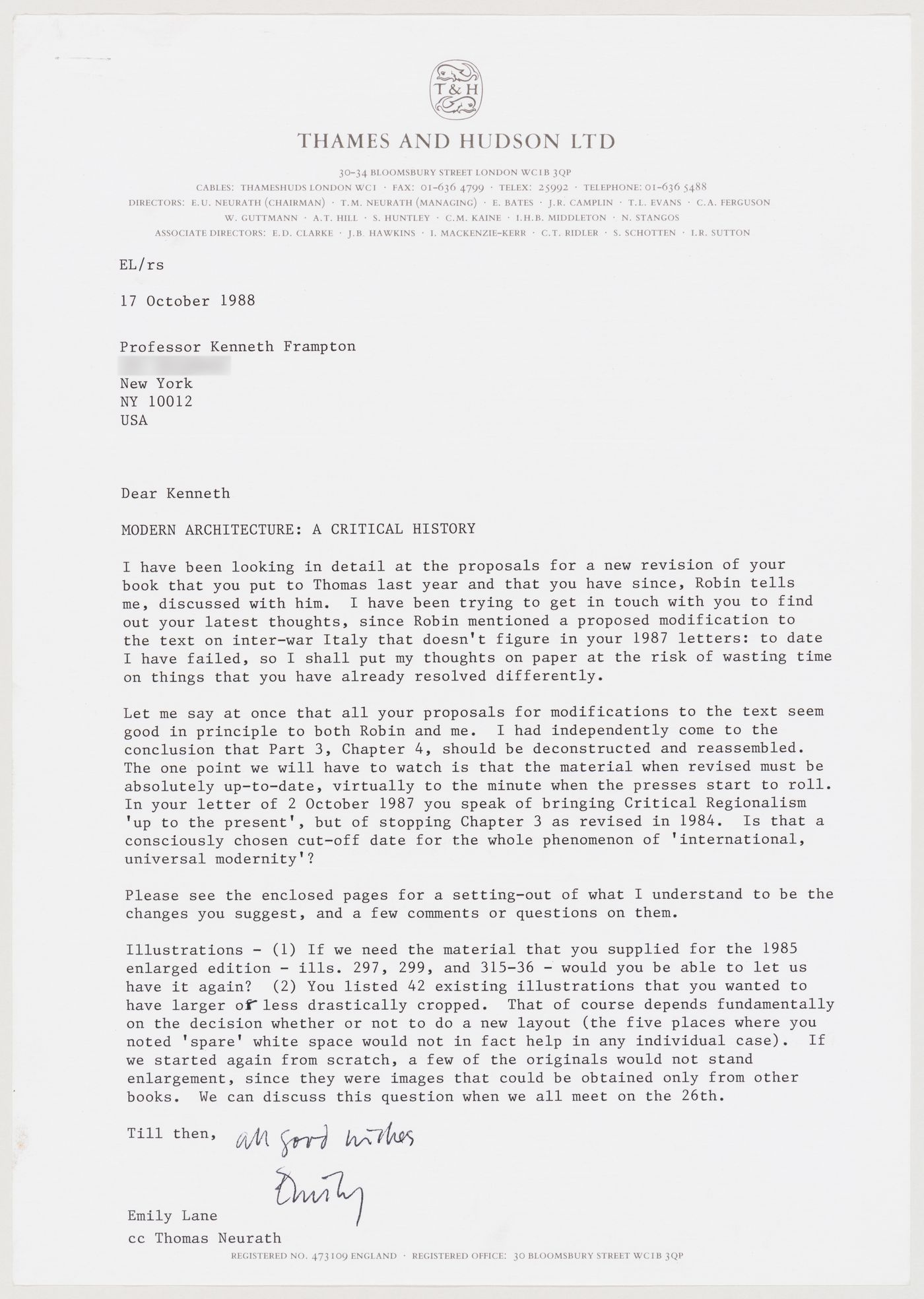 Letter from Emily Lane to Kenneth Frampton about revisions for  "Modern Architecture: A Critical History"
