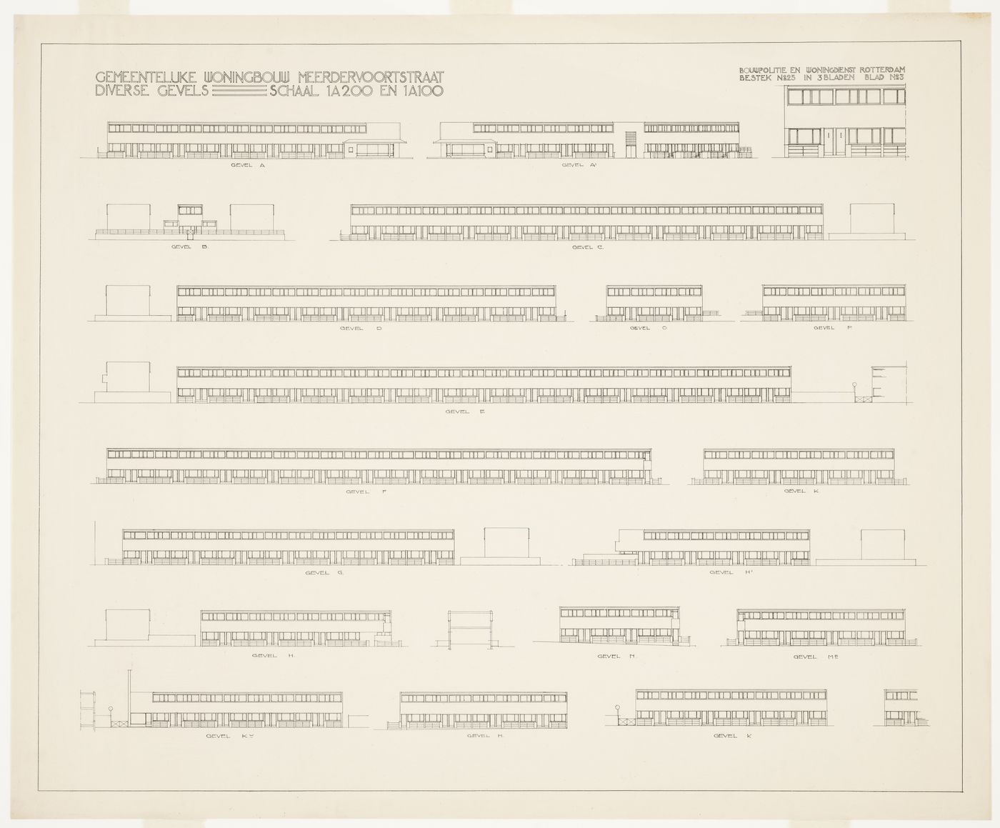 Elevations for Kiefhoek Housing Estate, Meerdervoortstraat, Rotterdam, Netherlands