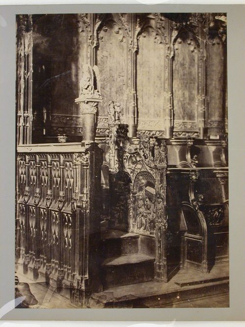 Amiens Cathedral, Choir view of entrance to choir stalls, showing intricate wood carvings, Amiens, France
