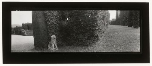 View of the garden of Villa Rizzardi showing statues, hedges and the green theatre on the left, Negrar, Italy