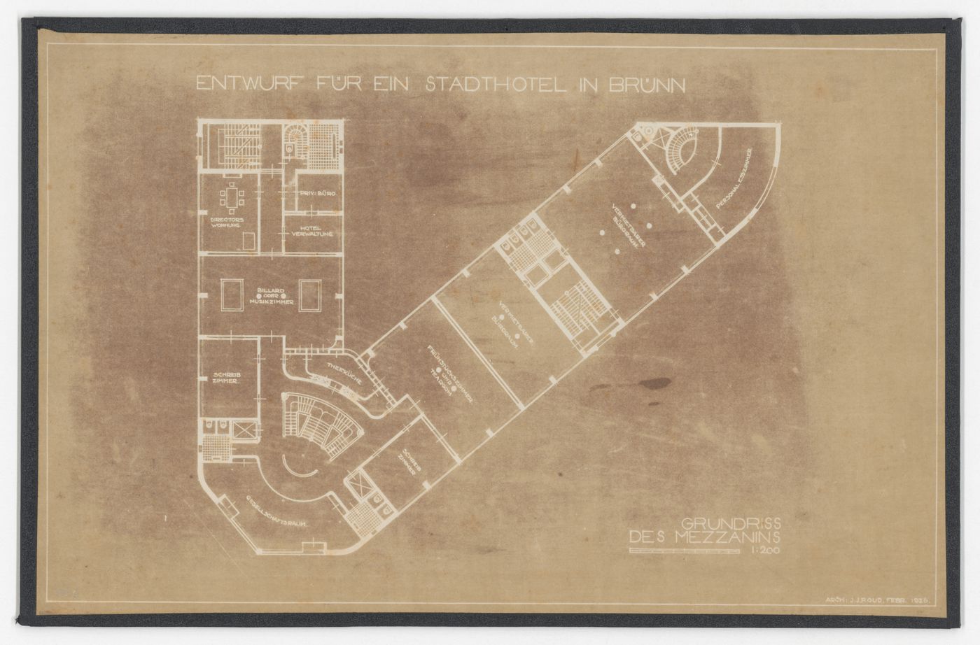 Mezzanine plan for Hotel Stiassni, Brno, Czechoslovakia (now Czech Republic)