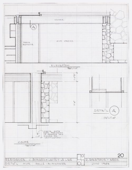 Élévation, coupe et détail du mur de la salle à manger pour Résidence Jean Simard, Laval-sur-le-Lac, Québec