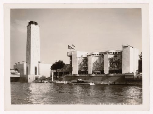 View of the Pavillon du Tourisme and the Pavillon du Thermalisme with the Seine in the foreground, 1937 Exposition internationale, Paris, France