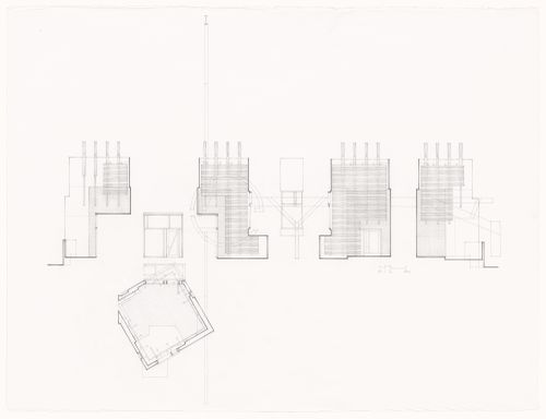 Elevations and plan for the courtyard gallery, Canadian Clay and Glass Gallery, Waterloo, Ontario, Canada